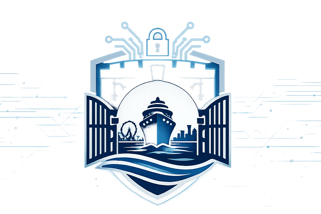 Digital illustration of a cruise ship sailing through open gates, with a city skyline and a ferris wheel in the background, enclosed within a shield and digital circuit design.