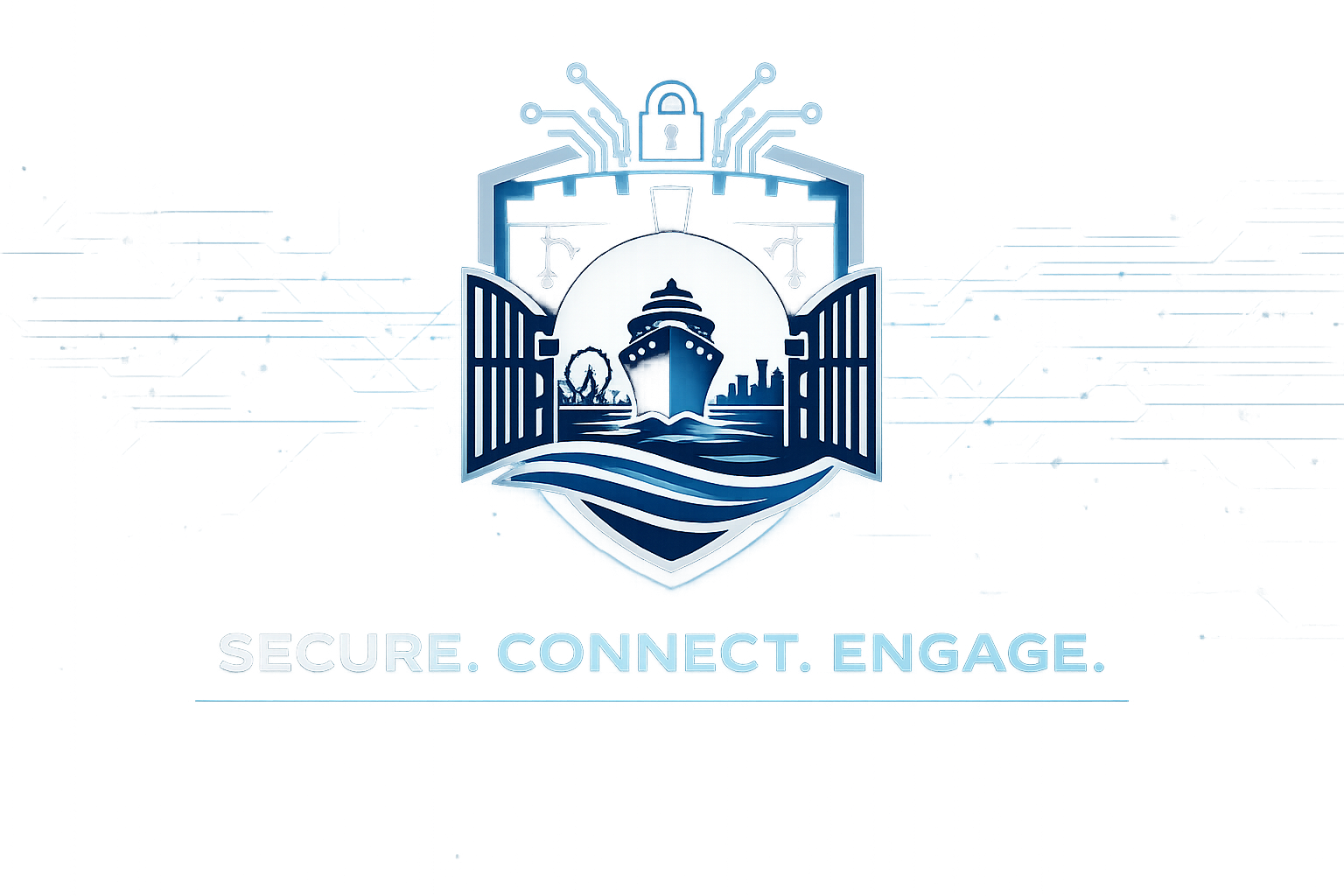 A digital illustration featuring a ship approaching a harbor with a city skyline in the background. The scene is framed by open gates, with shields and circuitry elements above, indicating cybersecurity. The text below reads "SECURE. CONNECT. ENGAGE."