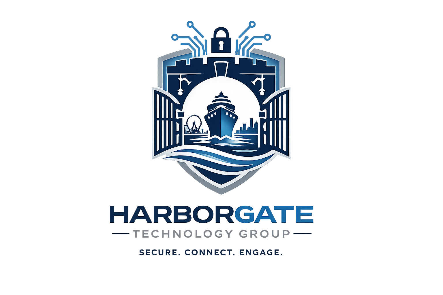 Logo of Harborgate Technology Group featuring a ship navigating through a cityscape, with a Ferris wheel and skyline in the background, surrounded by an open gate with a lock symbol at the top, and the words "Harborgate Technology Group" and the tagline "Secure. Connect. Engage." underneath.