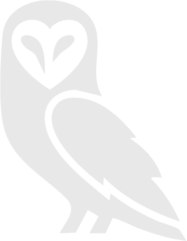 A stylized black and white owl with a heart-shaped face and a speech bubble above its head containing a smaller heart.