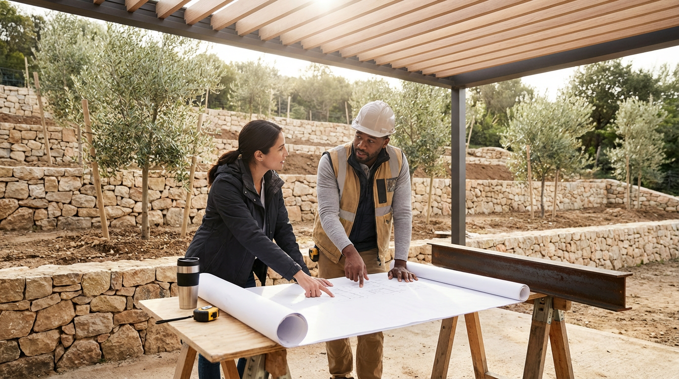 Two construction workers, a woman and a man, are discussing blueprints at an outdoor site with stone retaining walls and small trees. The woman has dark hair and wears a black jacket. The man wears a safety vest, helmet, and work clothes.