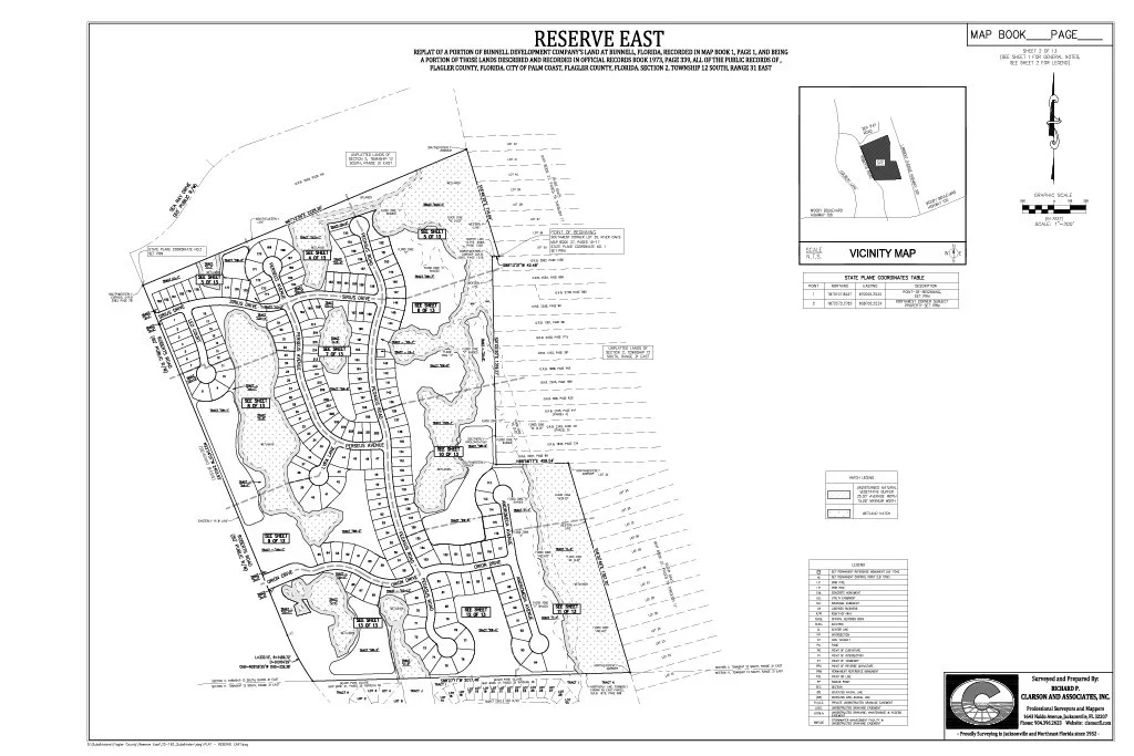 Detailed site plan of Reserve East residential development, showing lot layouts, roads, drainage, and surrounding features with a vicinity map in the top right corner. Created by Clarson and Associates, Inc.