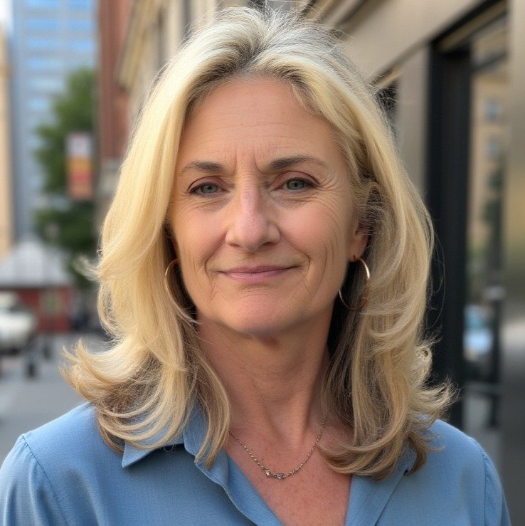 A middle-aged woman with blonde hair, wearing hoop earrings, a blue collared shirt, and a delicate necklace, standing outdoors in an urban setting.