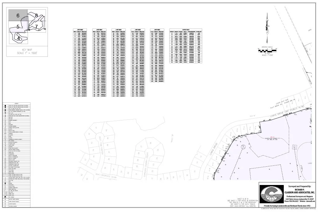 A detailed survey and plot plan of a residential subdivision, showing lot layouts, street design, and survey data, with an inset key map of the area. Created by Clarson and Associates, Inc.