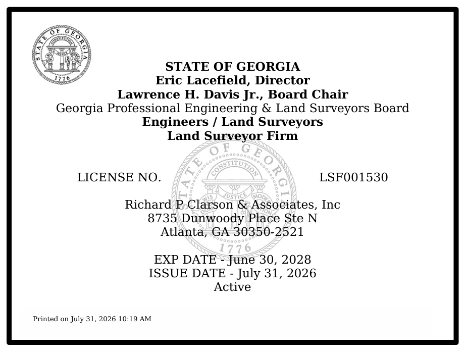Georgia land survey license issued to Richard P. Clarson & Associates, Inc., valid until June 30, 2028, issued on July 31, 2026, with license number LSF001530.