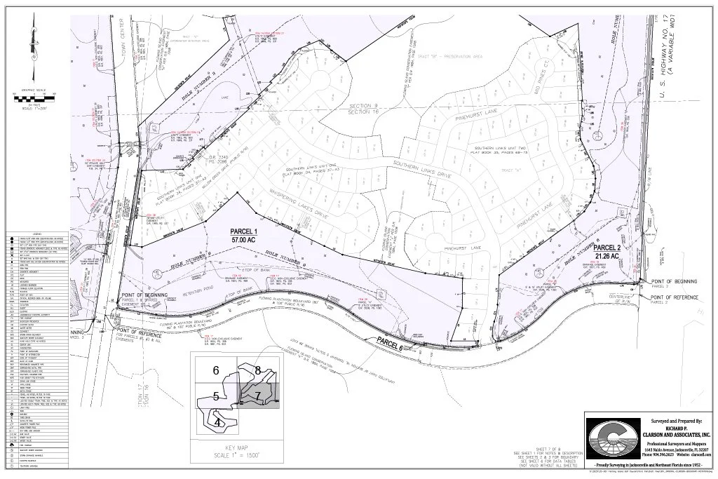 A detailed blueprint of a land subdivision plan showing parcel boundaries, roads, and various plot details, including parcel sizes of 57.00 acres and 21.26 acres. Created by Clarson and Associates, Inc.