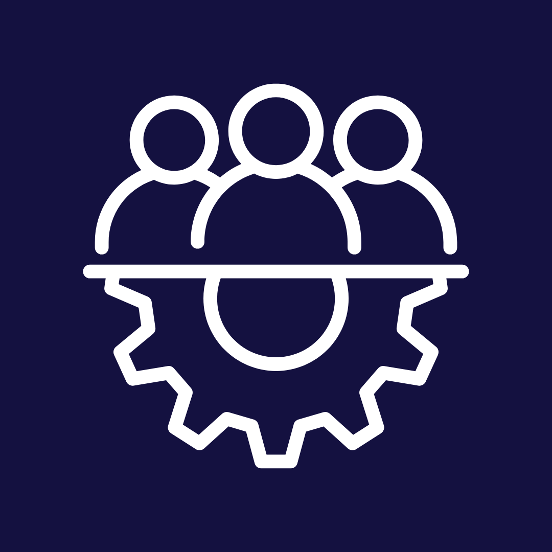 Icon of three people above a gear symbol, representing teamwork or collaboration.