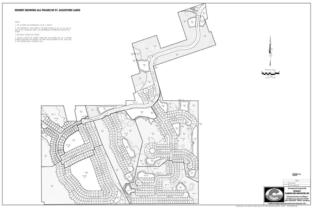 A detailed black-and-white map displaying all phases of St. Augustine Lakes subdivision, including roads, lots, and green spaces. Created by Clarson and Associates, Inc.