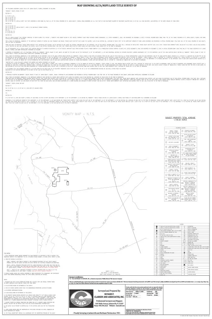 Land survey map showing Alta and NSPS land title survey with boundaries, structures, roads, and a vicinity map, including property details and surveyor information. Created by Clarson and Associates, Inc.