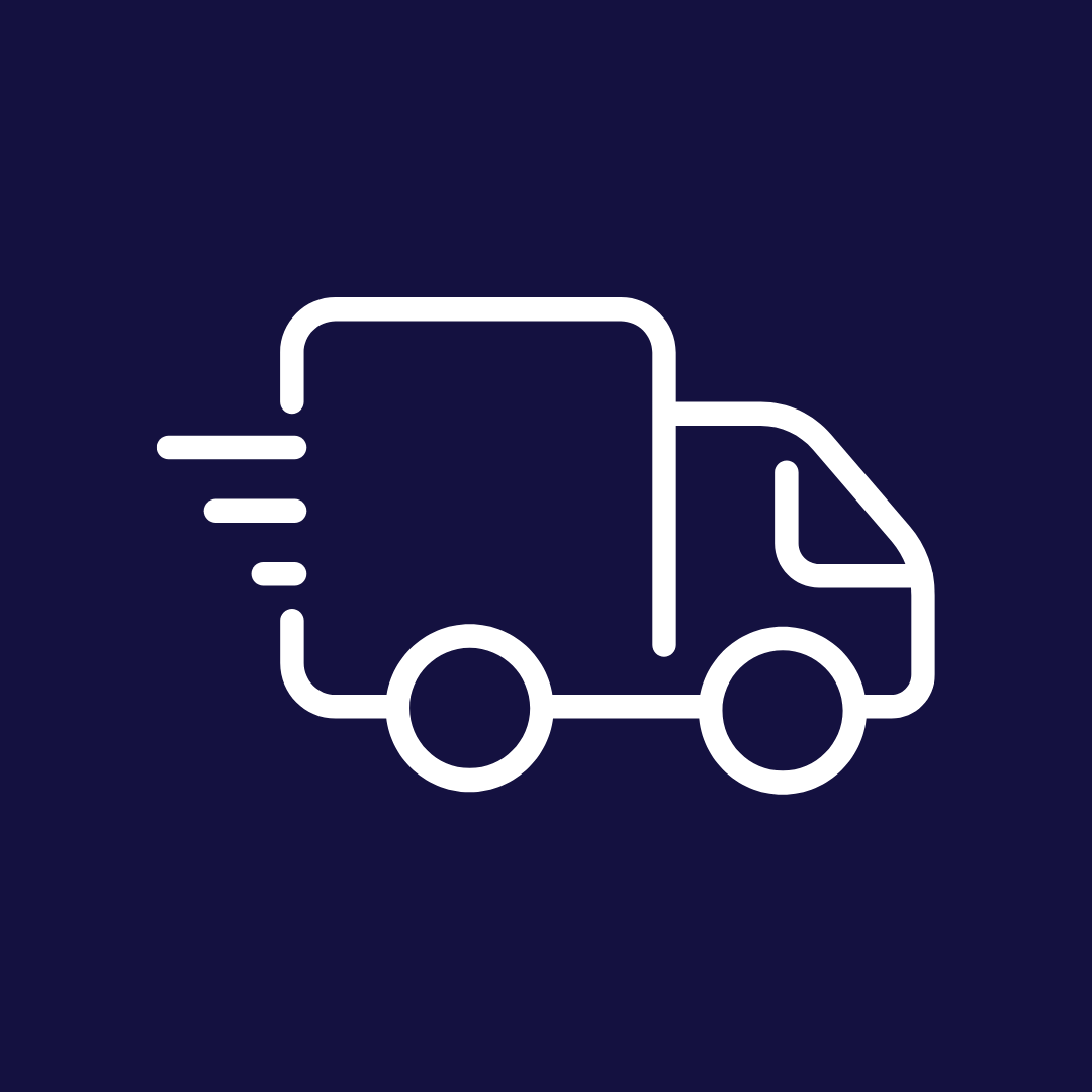 Icon of a delivery truck with lines indicating motion on a dark blue background