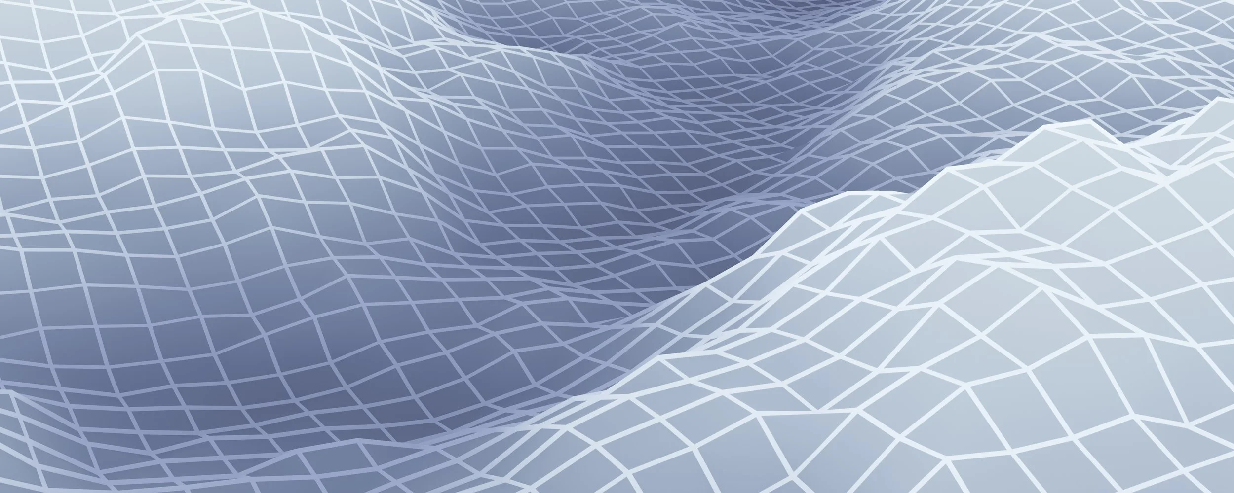 A digital rendering of a three-dimensional grid landscape with interconnected lines forming wavy, mountain-like peaks and valleys in shades of blue and white.