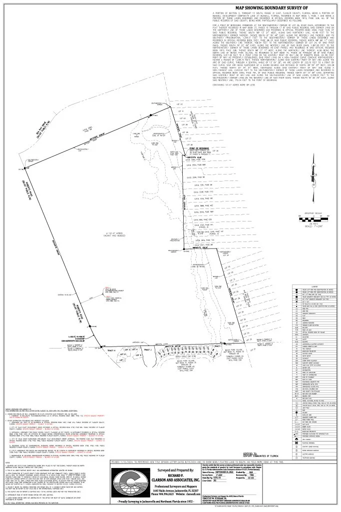 Map showing a boundary survey of a property with lots, measurements, and detailed legal descriptions. Text and symbols indicate property borders, survey points, and adjacent plots. Created by Clarson and Associates, Inc.