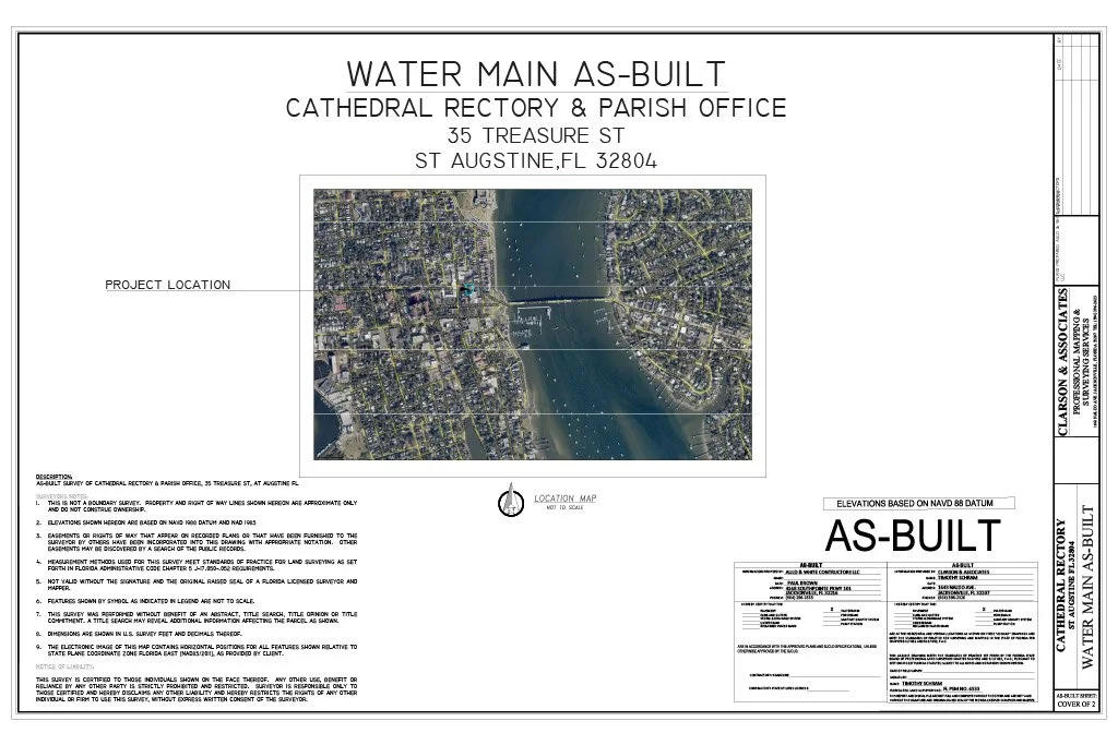 An engineering or architectural drawing titled 'Water Main As-Built' for Cathedral Rectory & Parish Office at 35 Treasure St, St. Augustine, Florida. Prepared by Clarson and Associates, Inc.