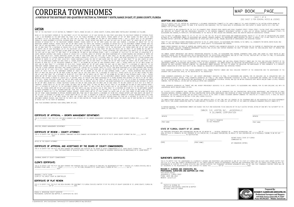 A detailed document titled 'Cordero Townhomes' including sections on adoption, dedication, approval certificates, review, and a surveyor's certificate, with signatures and official stamps at the bottom. Prepared by Clarson and Associates, Inc.