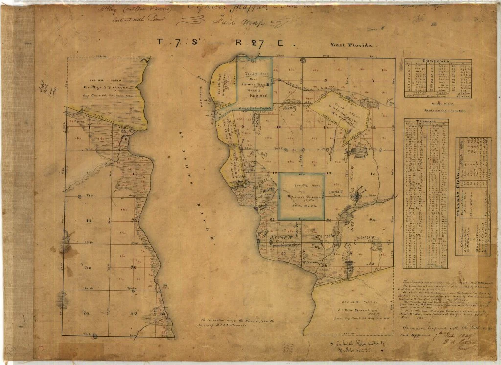 Historical land survey map of part of West Florida, showing land divisions, plots, and sample data in the 1800s.