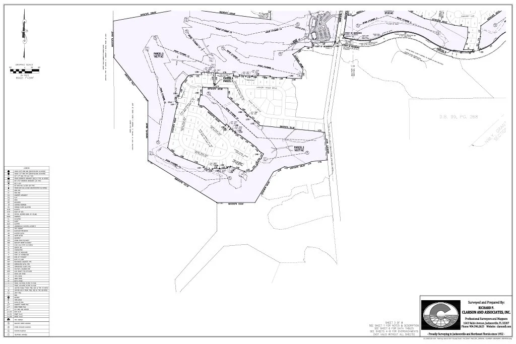 A detailed site plan or blueprint of a development project, showing property boundaries, lot layouts, roads, and utility lines, with a legend on the left side and a scale bar on the top left. Created by Clarson and Associates, Inc.