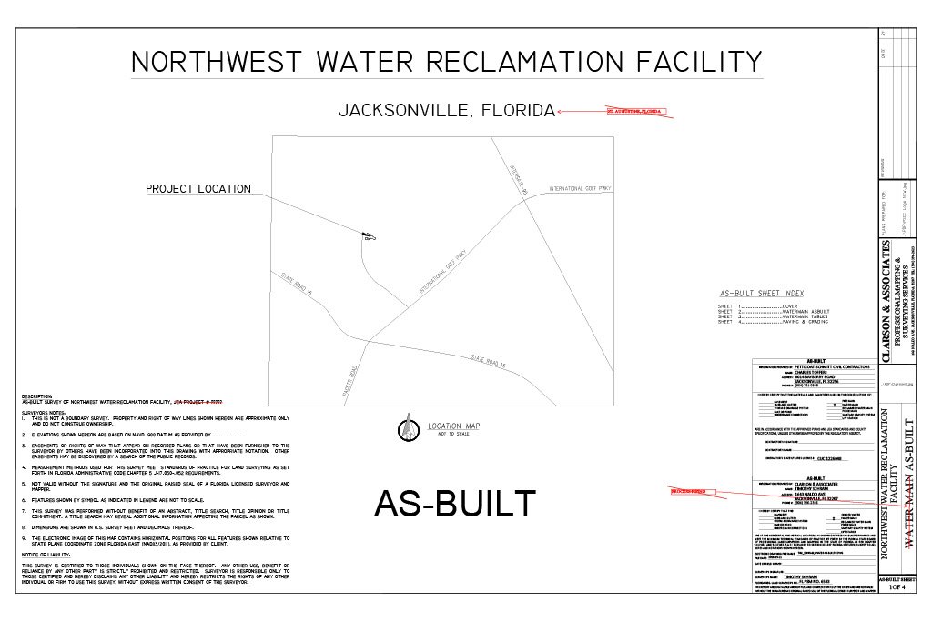 A detailed engineering blueprint map of the Northwest Water Reclamation Facility project in Jacksonville, Florida, showing project location, surrounding roads, and a legend of sheets.
