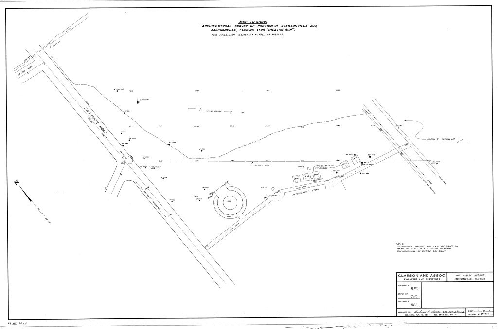 A detailed architectural survey map of a portion of Jacksonville Zoo, Florida, showing land contours, roads, and site features, created for the Cheetah Run exhibit. Created by Clarson and Associates, Inc.