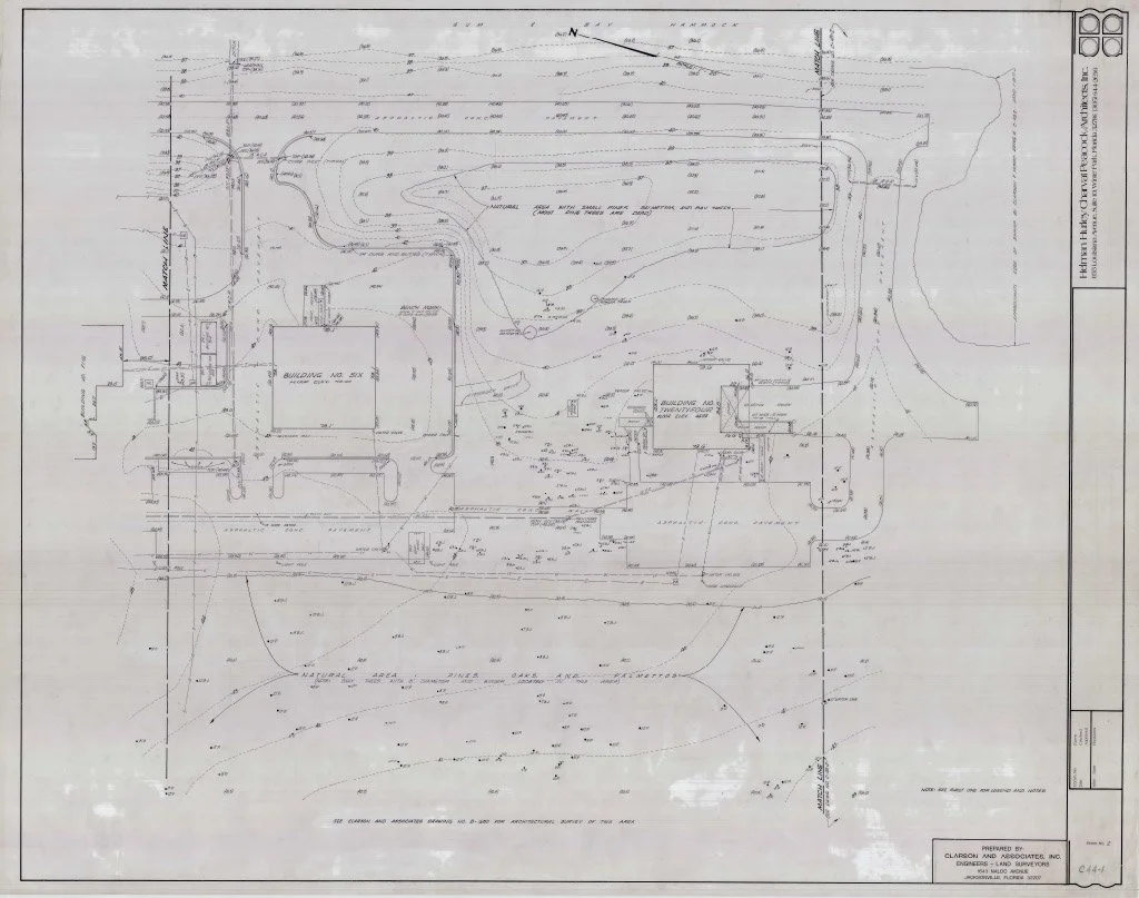 Architectural site plan of a UNF with building footprints, elevations, and landscape details. Created by Clarson and Associates, Inc.