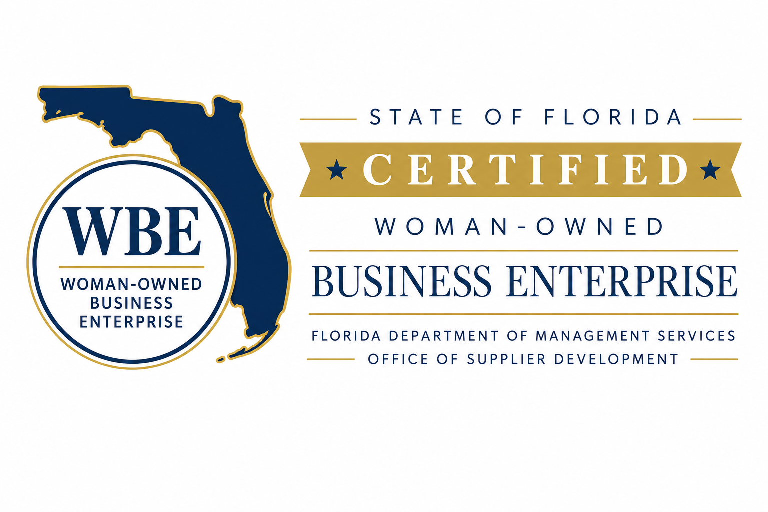 Logo indicating certification as a woman-owned business enterprise in Florida, featuring a silhouette of the state of Florida, the text "WBE Woman-Owned Business Enterprise," and information about the Florida Department of Management Services' Office of Supplier Development.