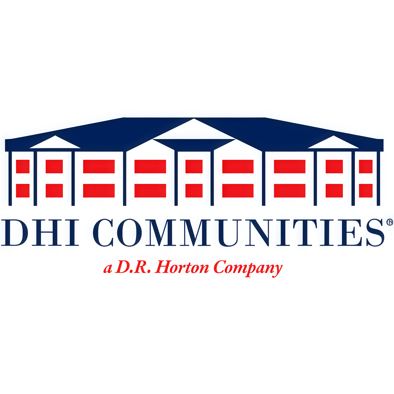 A logo with a stylized building with multiple sections, dark blue roof and red windows, and the text "DHI Communities" underneath. The phrase "a D.R. Horton Company" is below in red.