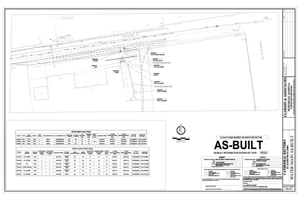 A detailed technical engineering drawing of a water main project, labeled as 'AS-BUILT', showing street layout, water valve locations, and construction notes. Created by Clarson and Associates, Inc.
