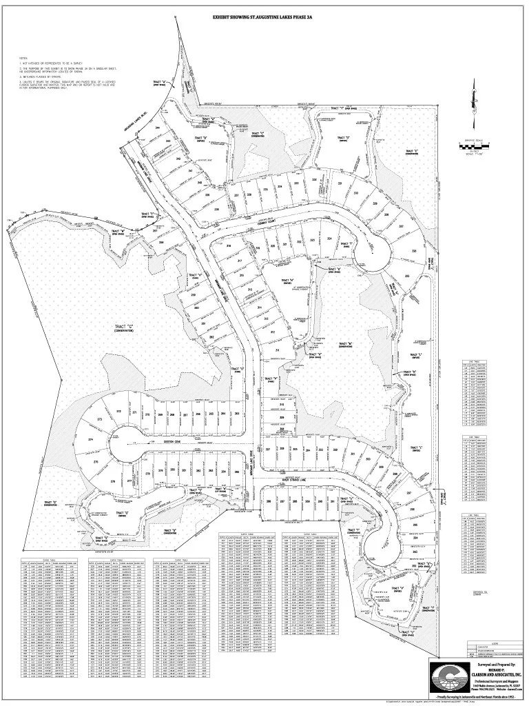 A detailed black and white site plan drawing of a residential subdivision named St. Augustine Lakes Phase 3A, showing lots, roads, and land features. Created by Clarson and Associates, Inc.