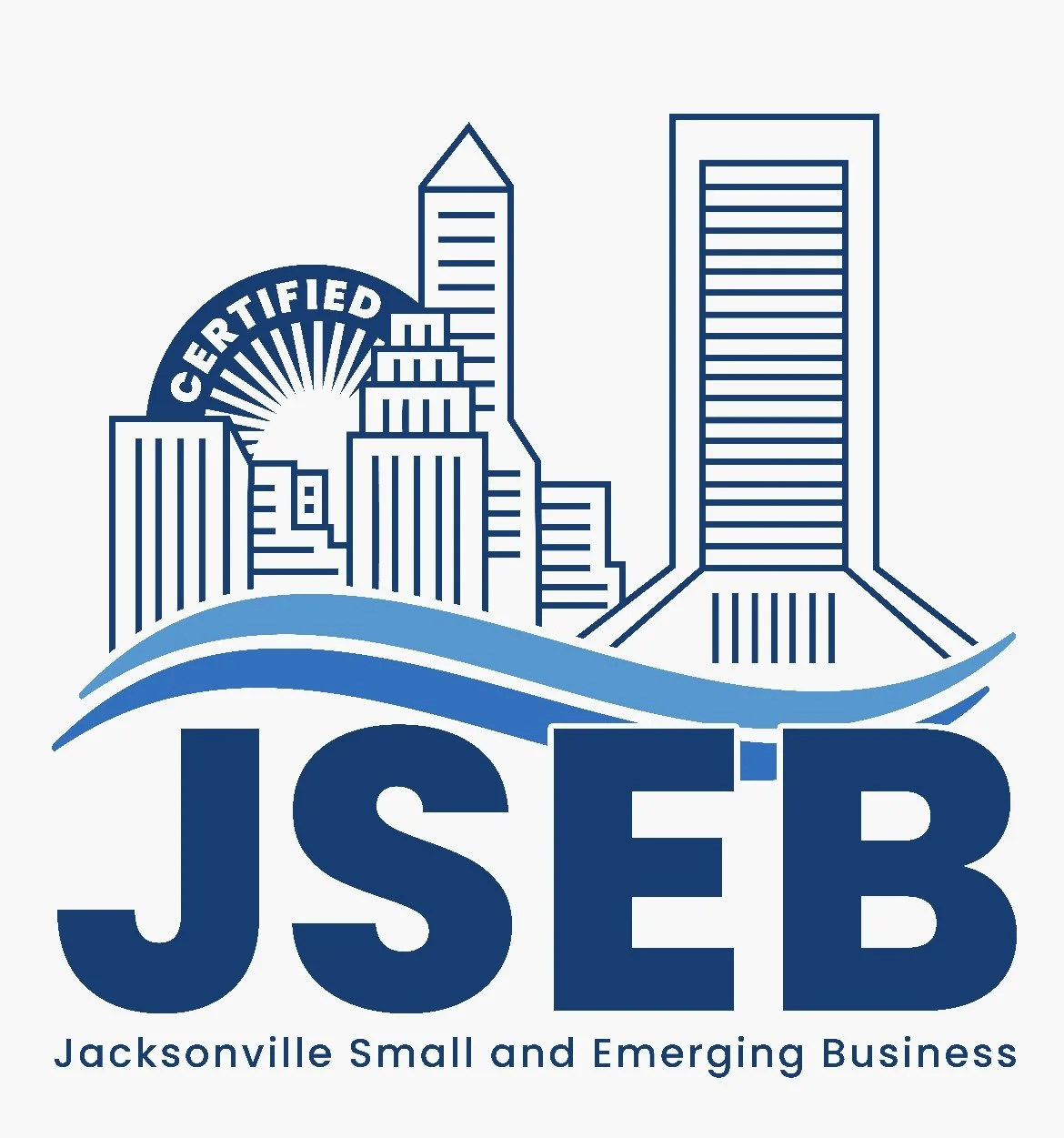 Logo for Jacksonville Small and Emerging Business (JSEB) featuring a stylized city skyline with tall buildings, waves, a sunburst, and the text 'CERTIFIED' and 'JSEB' with 'Jacksonville Small and Emerging Business' underneath.