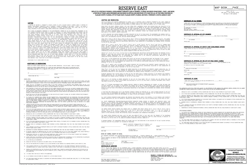 A city planning map and legal document for Reserve East, Florida, including reserving area details, approval certifications, and signatures. Prepared by Clarson and Associates, Inc.