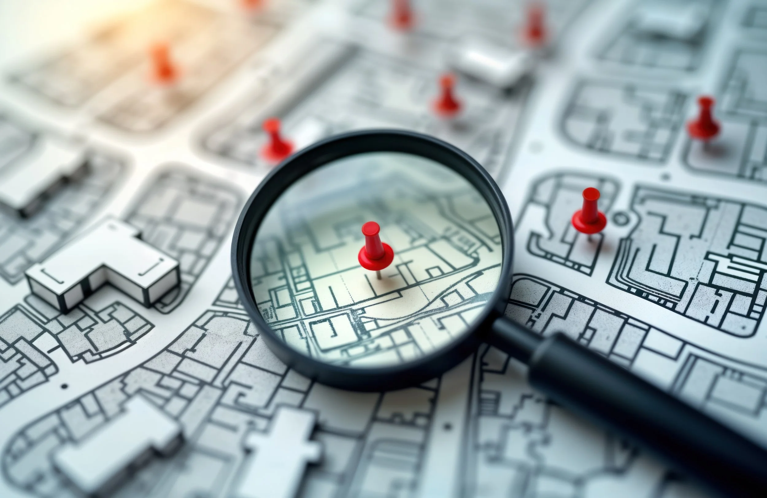 A magnifying glass placed over a printed map with red pushpins marking specific locations, and various other maps and plans in the background.