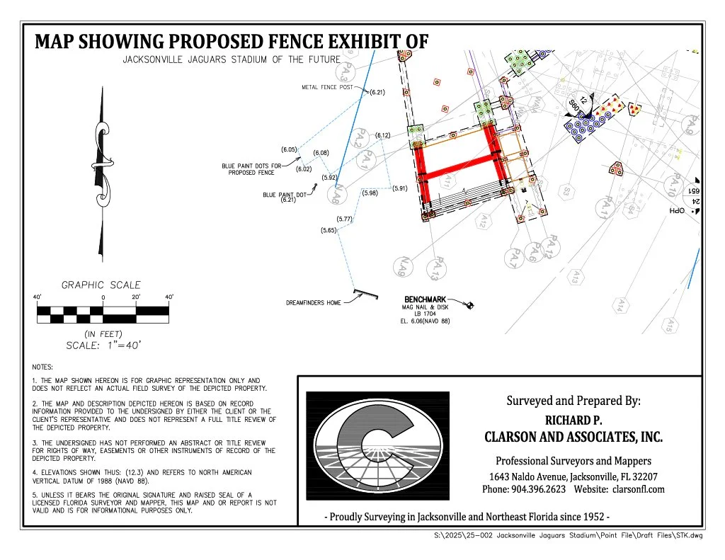 Map showing proposed fence exhibit design for Jacksonville Jaguars Stadium, including detailed measurements, blue paint dots, and surrounding structures with a scale and notes, created by Clarson and Associates, Inc.