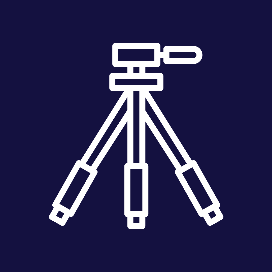Icon of a surveyor tripod with a mounted instrument on a dark background.