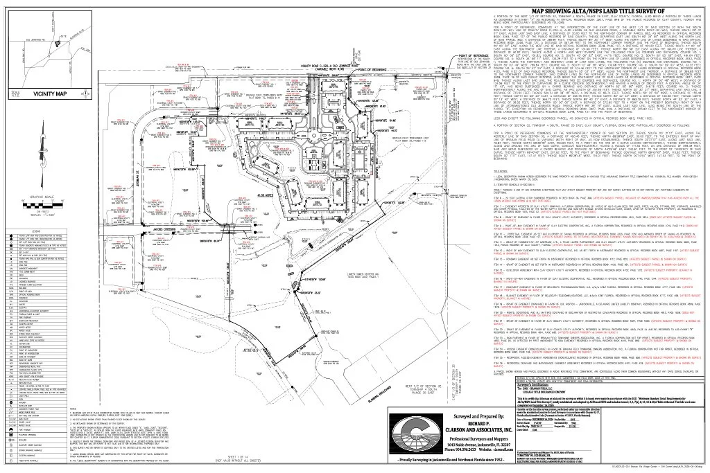 A detailed survey map showing land boundaries, topography, and land division lines for a property development project with various annotations and notes, including a vicinity map and a larger land survey description. Created by Clarson and Associates