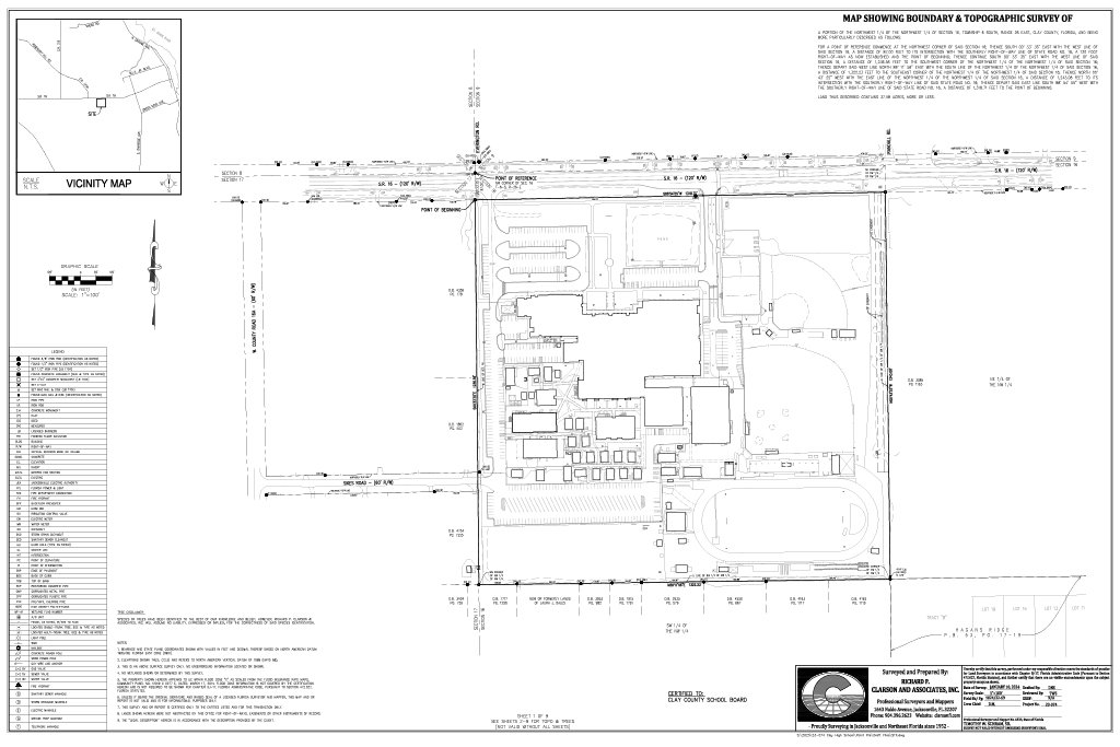 A detailed topographic survey map of a school campus showing property boundaries, buildings, parking lots, and sports fields, including a track and soccer fields. Created by Clarson and Associates, Inc.