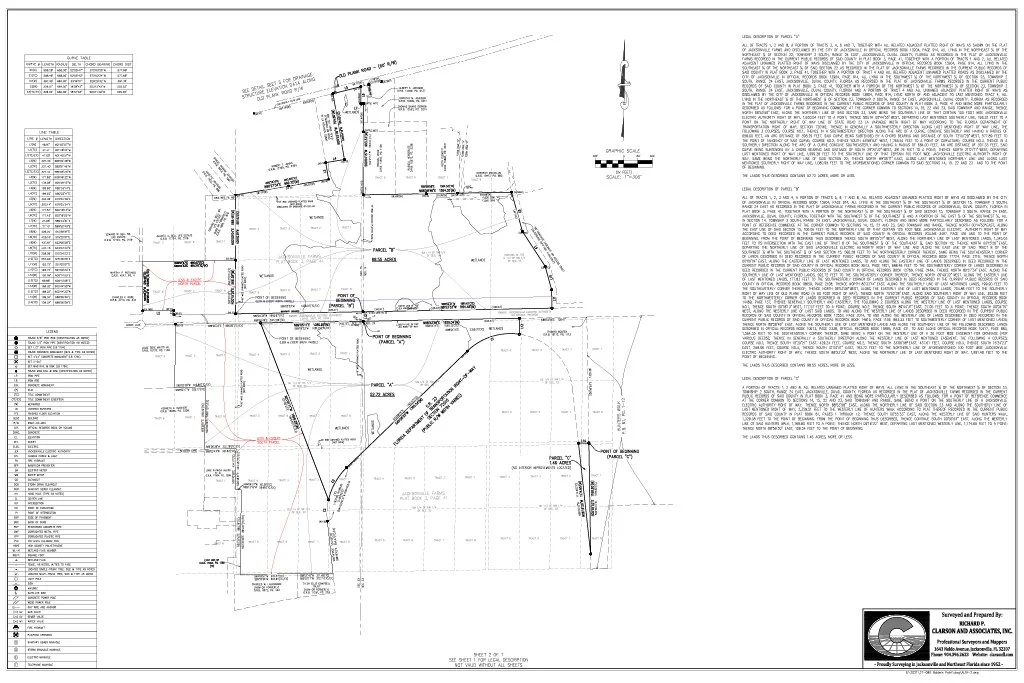 A detailed survey drawing or plat map of a land parcel showing property boundaries, topography, and related notes and measurements. Created by Clarson and Associates, Inc.