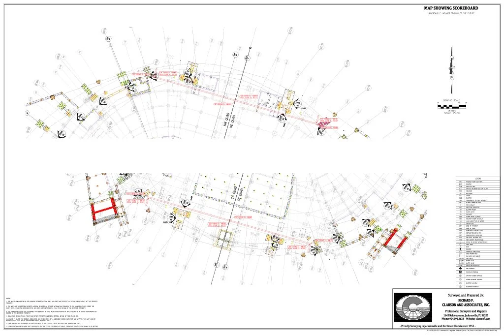 Map showing a scoreboard layout Everbank Stadium, with marked sections, pathways, and technical details for construction or design purposes. Created by Clarson and Associates, Inc.