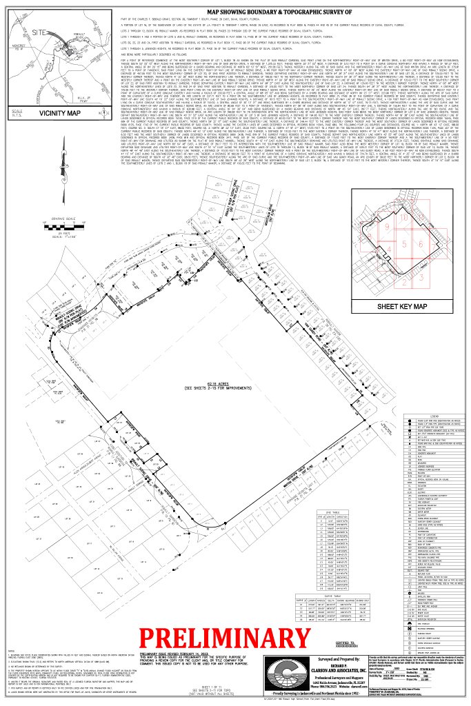 Preliminary survey map of a school campus showing property boundaries, buildings, parking lots, and sports fields, including a track and soccer fields. Created by Clarson and Associates, Inc.