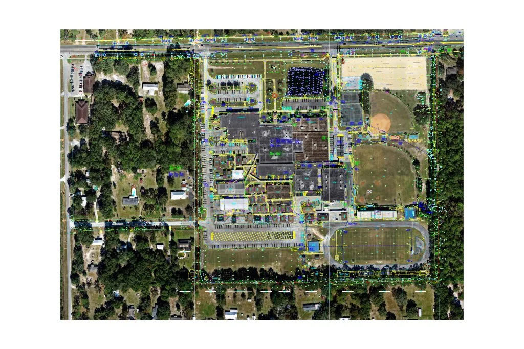 Aerial view of a school campus with sports fields, parking lot, and surrounding trees.