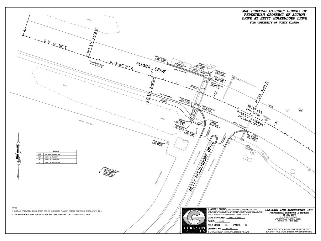Map showing a survey of pedestrian crossing on Alumni Drive at Betty Holzendorf Drive for the University of North Florida, including road details, measurements, and construction notes. Created by Clarson and Associates, Inc.