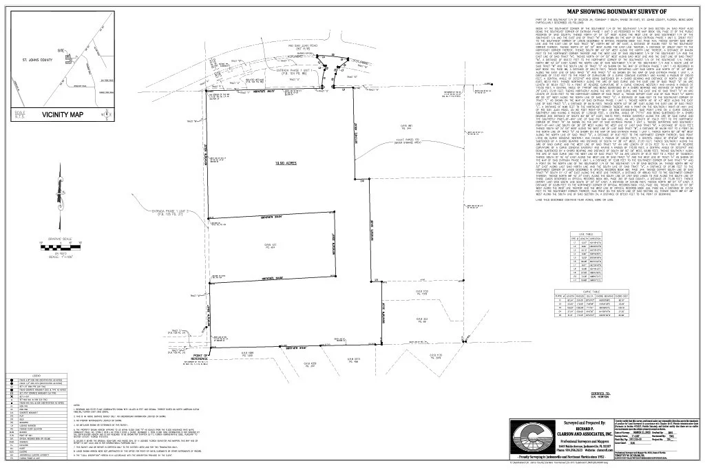 Survey map showing boundary survey of a property with three main sections of land, labeled with measurements and lot lines, and an inset vicinity map of St. Johns County with scale and directional marker. Created by Clarson and Associates, Inc.