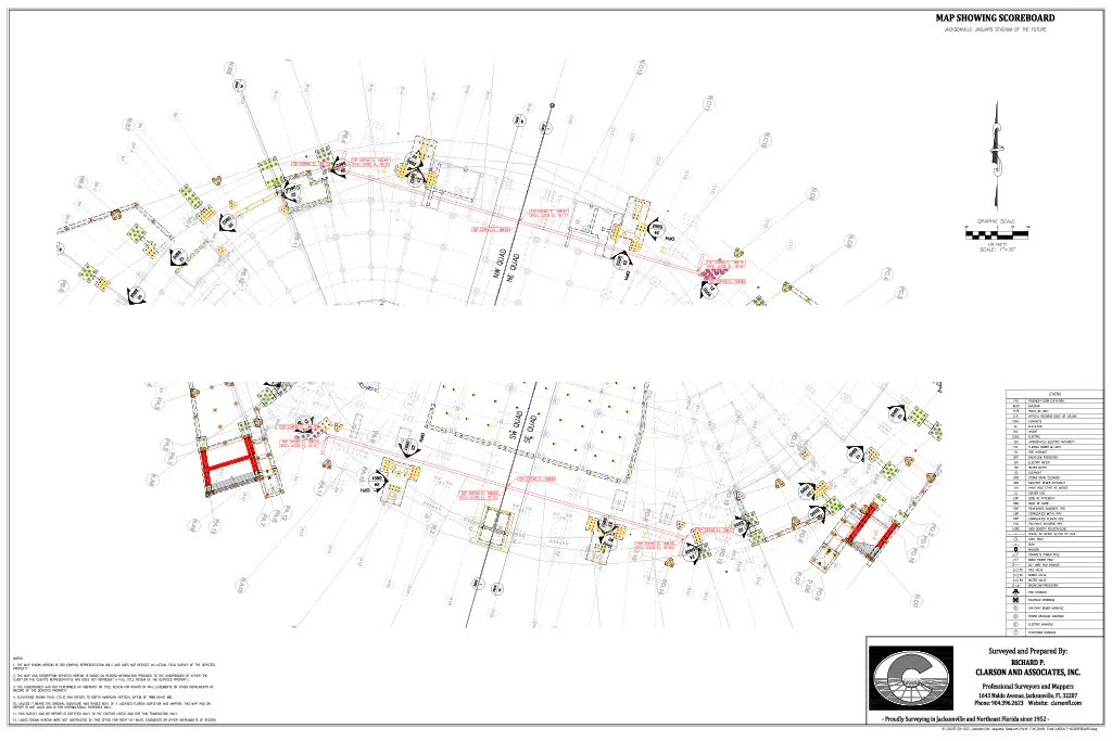 A detailed technical map showing Everbank Stadium, including wiring diagrams and measurement details used for construction or renovation purposes. Created by Clarson and Associates, Inc.