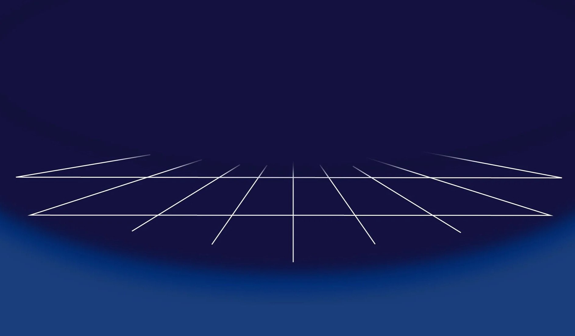 A digital grid in a futuristic style with a dark blue background, featuring white grid lines and a glowing blue arc in the lower left corner.