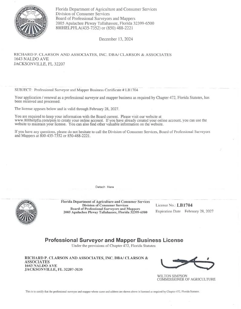 A professional license document from the Florida Department of Agriculture and Consumer Services for a surveyor and mapper business, issued to Richard P. Clarson and Associates, Inc., with signature and license details, dated December 13, 2024.