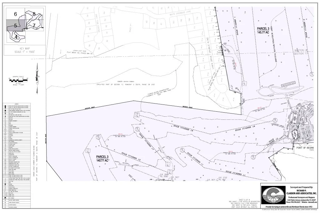 A detailed survey map of land parcels, of Plantation Golf, with boundary lines, measurements, and topographical features, prepared by Richard P. Clarson & Associates, Inc.