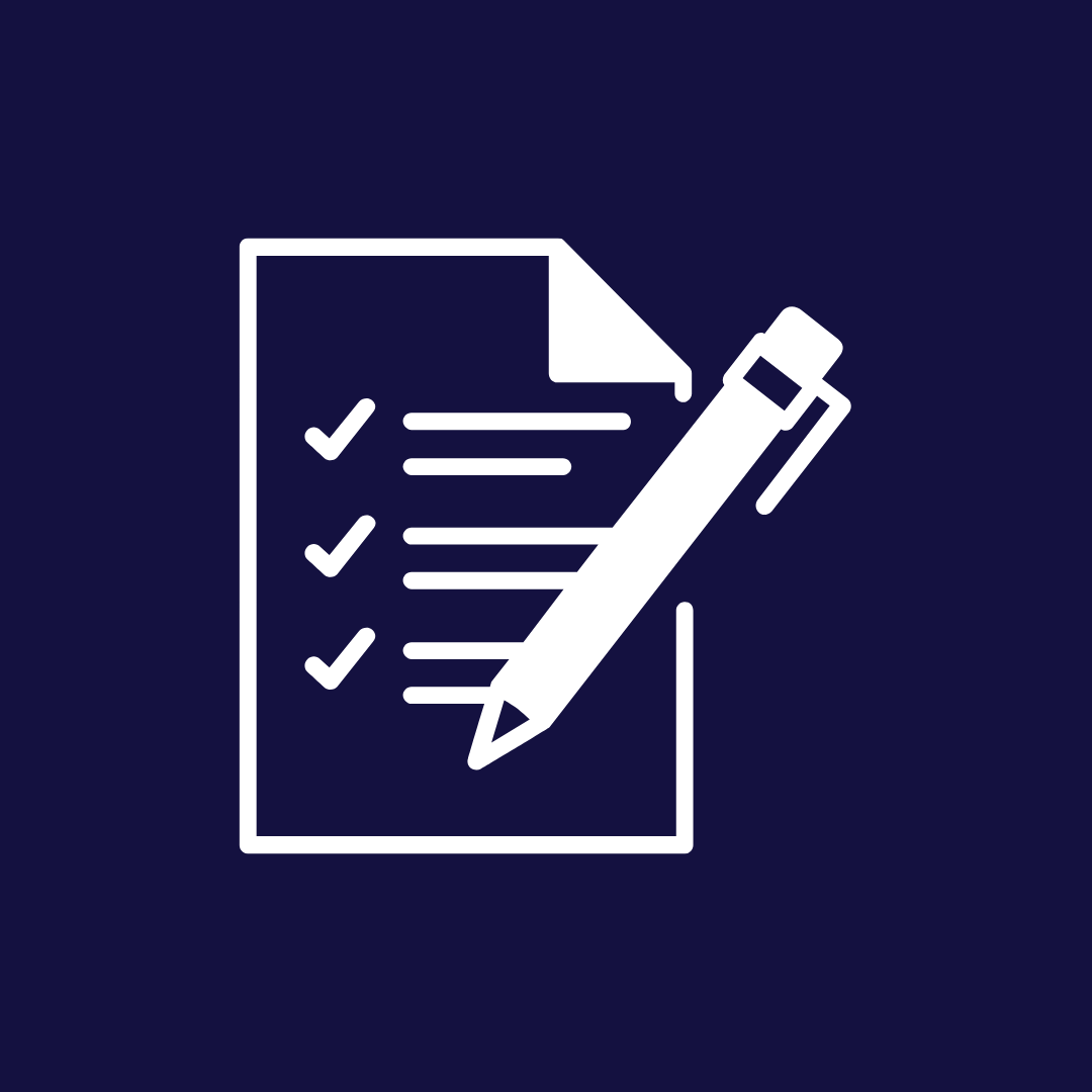 Icon of a checklist with a pen on a white paper on a dark blue background.