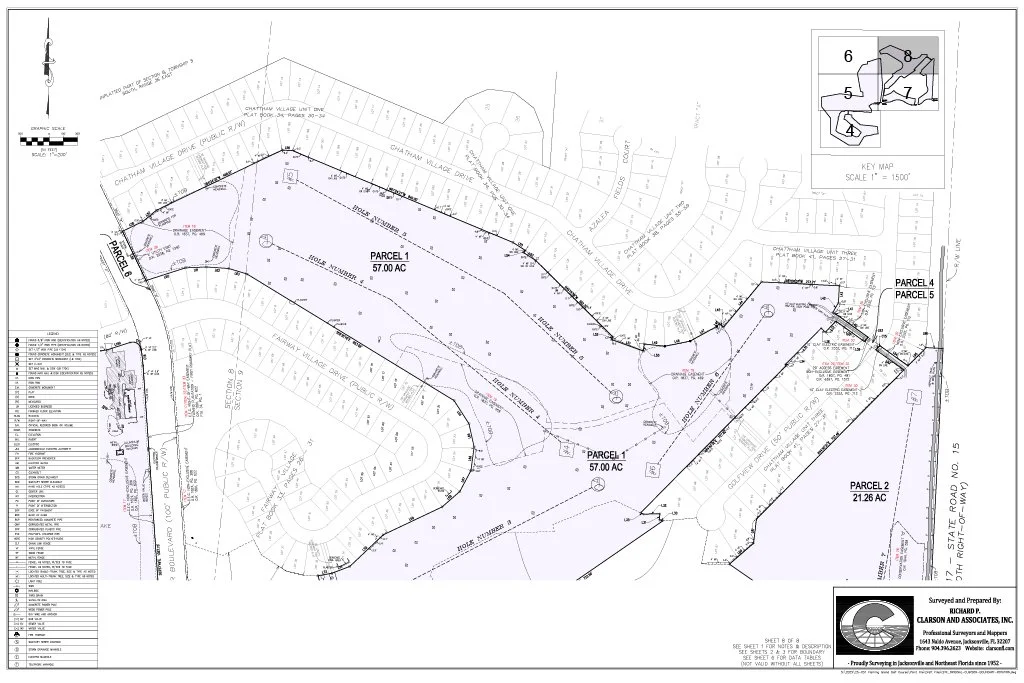 A detailed plat map of a subdivision development project showing parcels, roads, and land boundaries, with a small inset map for location reference. Created by Clarson and Associates, Inc.