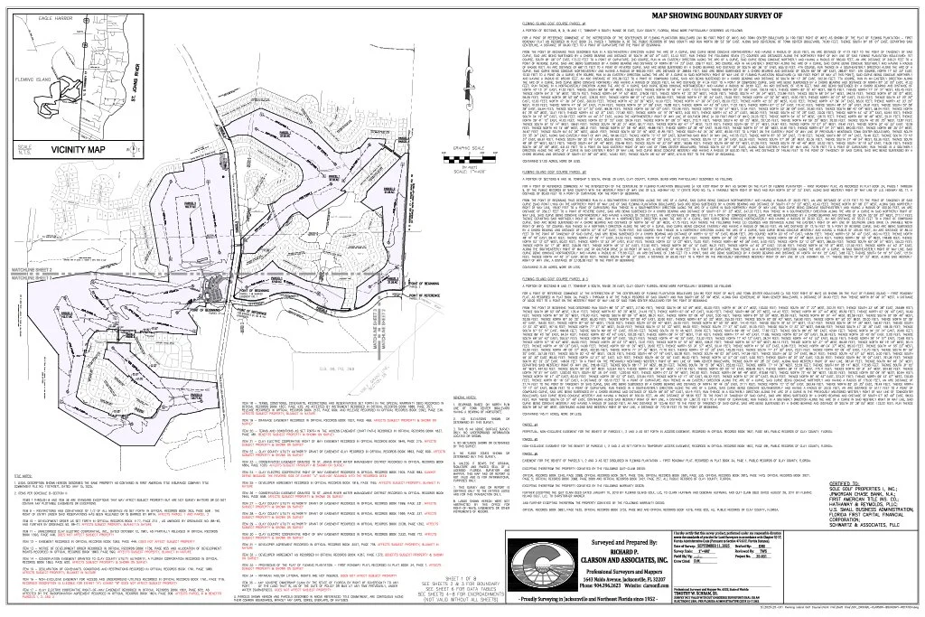 Map showing boundary survey of Plantation Golf with detailed topographical features, including a Vicinity Map in the top left corner. Created by Clarson and Associates, Inc.