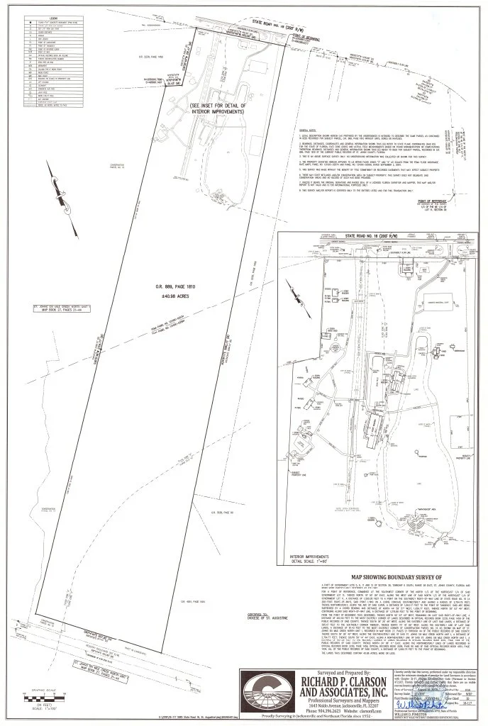 Site survey map showing boundary lines, interior improvements, and structures on a property along State Road 16, with detailed notes and measurements. Prepared by Clarson and Associates, Inc.