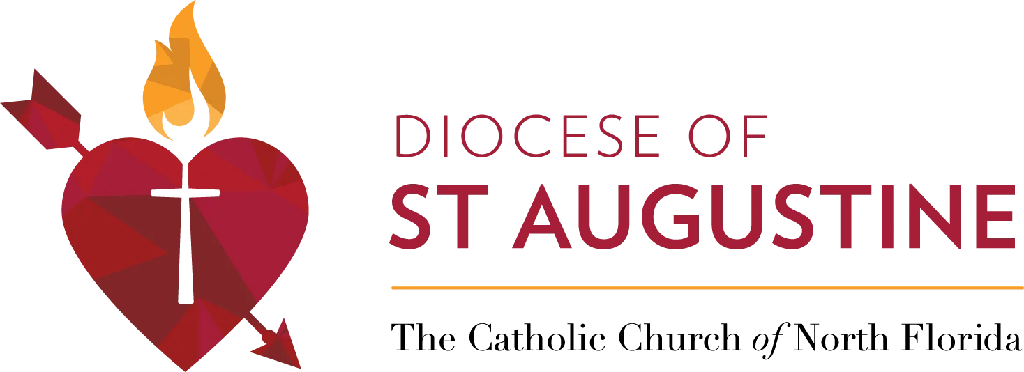 Logo for the Diocese of St. Augustine featuring a stylized heart with a flame, a cross, and an arrow, with the text "Diocese of St. Augustine"