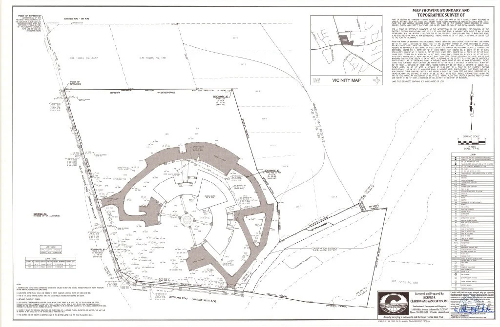 Site plan showing St. Joseph Catholic Church, surrounding parking and landscape areas, parcel boundaries, and topographic contours, with a vicinity map and survey details at the top right. Created by Clarson and Associates, Inc.